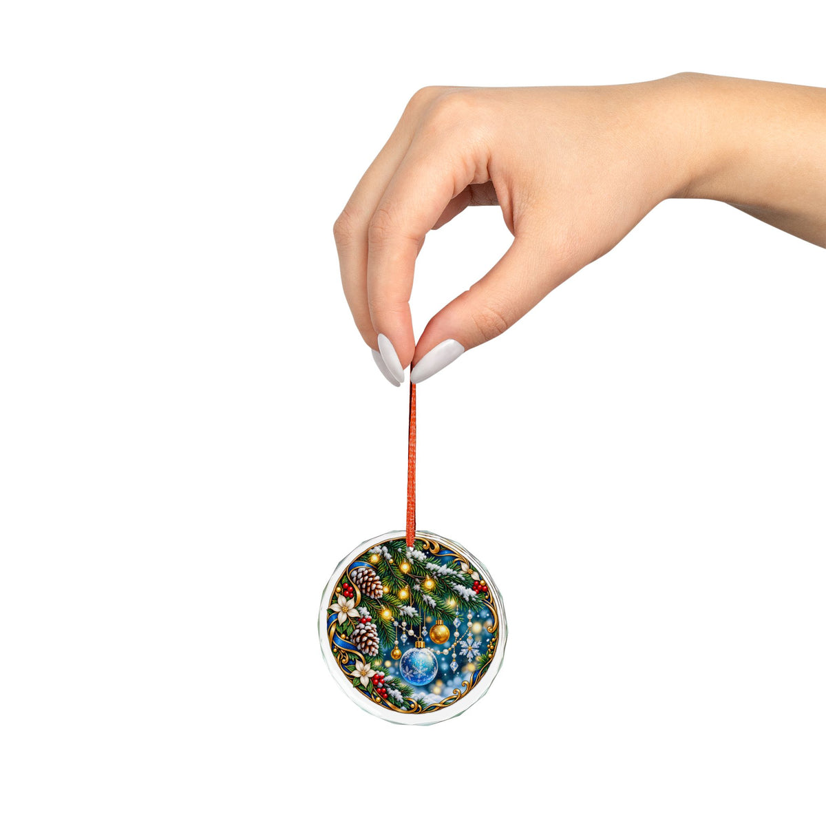 Gold-Lit Evergreen and Ornaments Christmas Crystal Glass Ornament