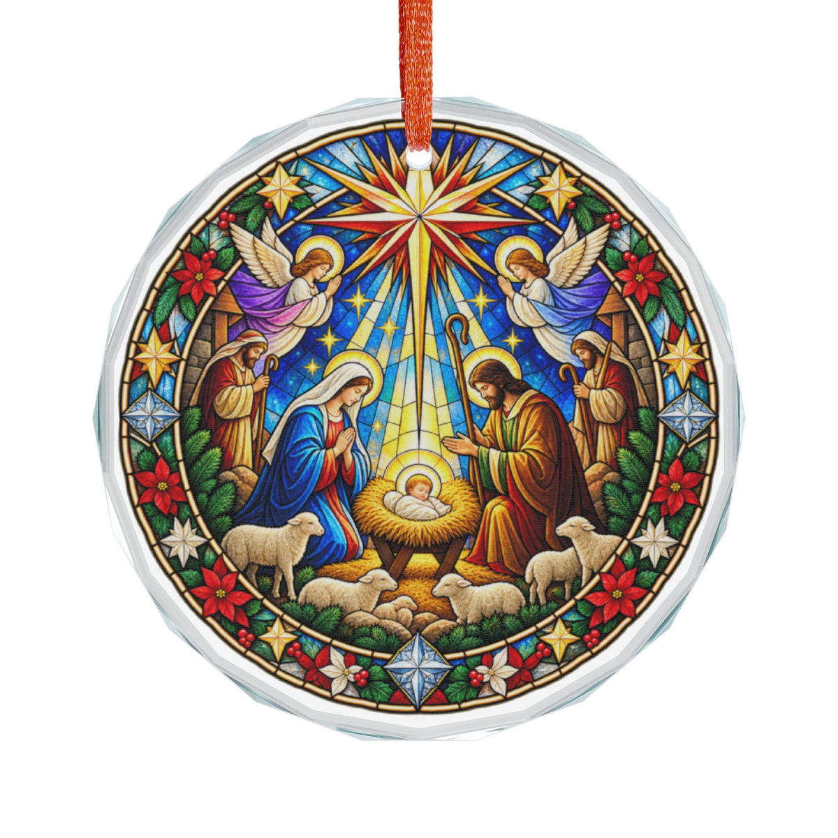 Angels and Shepherds at the Manger Stained Glass Crystal Ornament