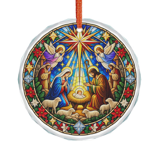 Angels and Shepherds at the Manger Stained Glass Crystal Ornament