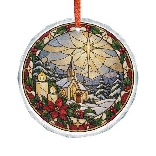 Little White Church in the Snow Stained Glass Crystal Ornament