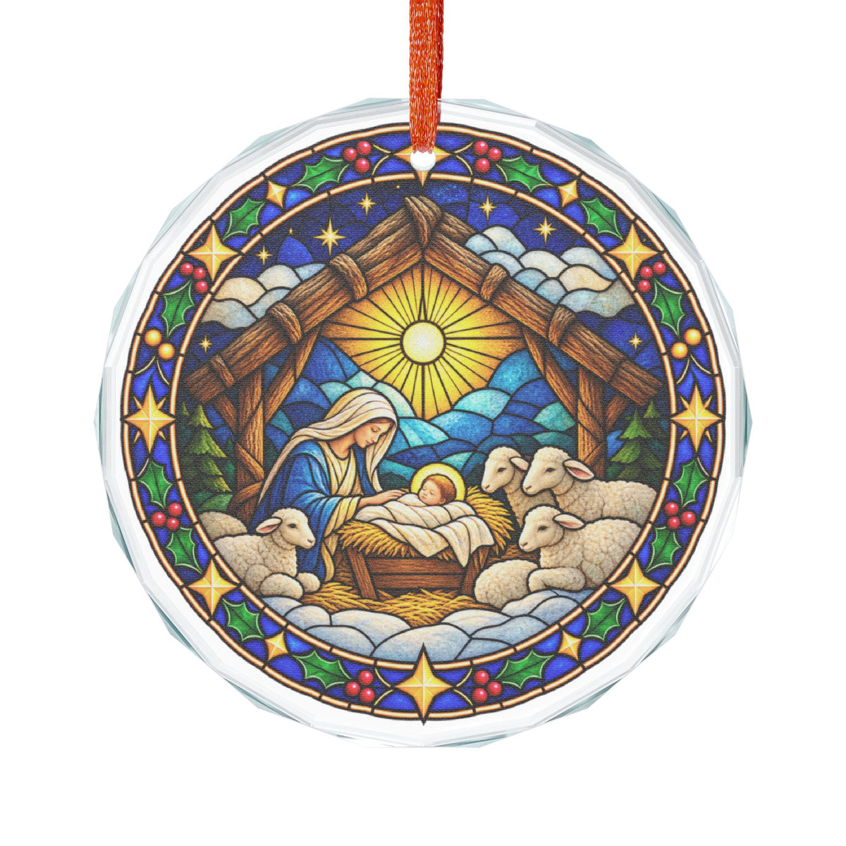 Stable and Star Nativity Christmas Stained Glass Crystal Ornament