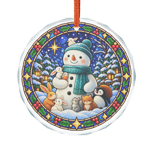 Teal Scarf Snowman and Woodland Friends Crystal Glass Ornament