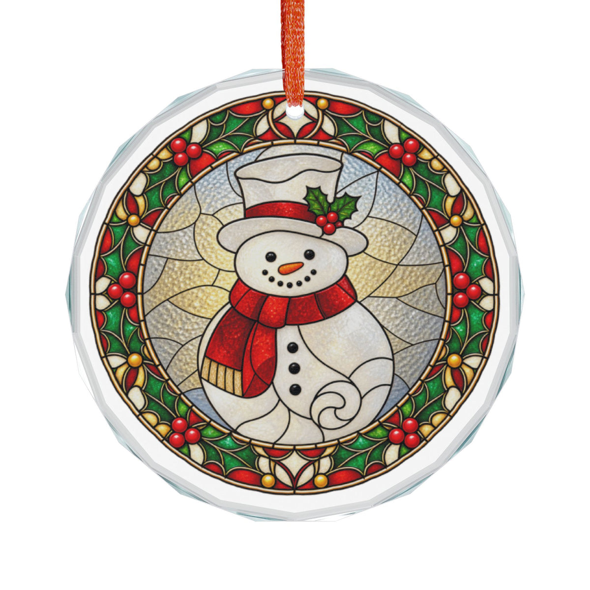 Stained Glass Snowman and Holly Wreath Crystal Glass Ornament