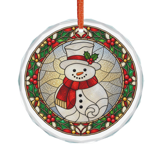 Stained Glass Snowman and Holly Wreath Crystal Glass Ornament