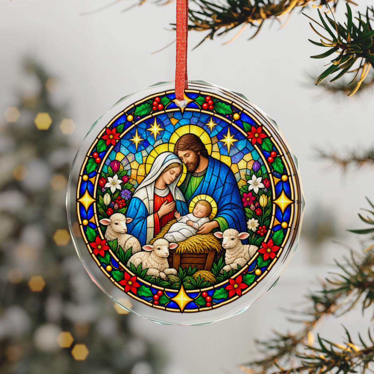 Tender Nativity Family with Lambs Stained Glass Crystal Ornament