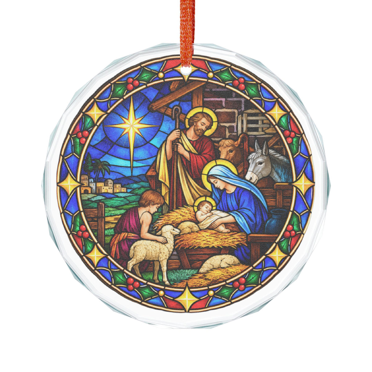 Starlit Stable Nativity Stained Glass Crystal Ornament