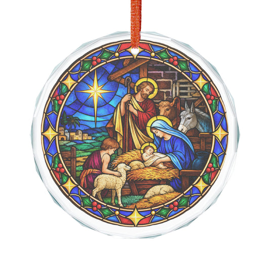 Starlit Stable Nativity Stained Glass Crystal Ornament