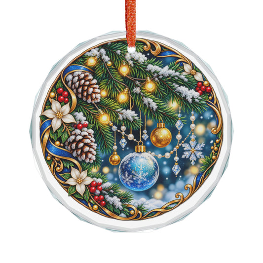 Gold-Lit Evergreen and Ornaments Christmas Crystal Glass Ornament
