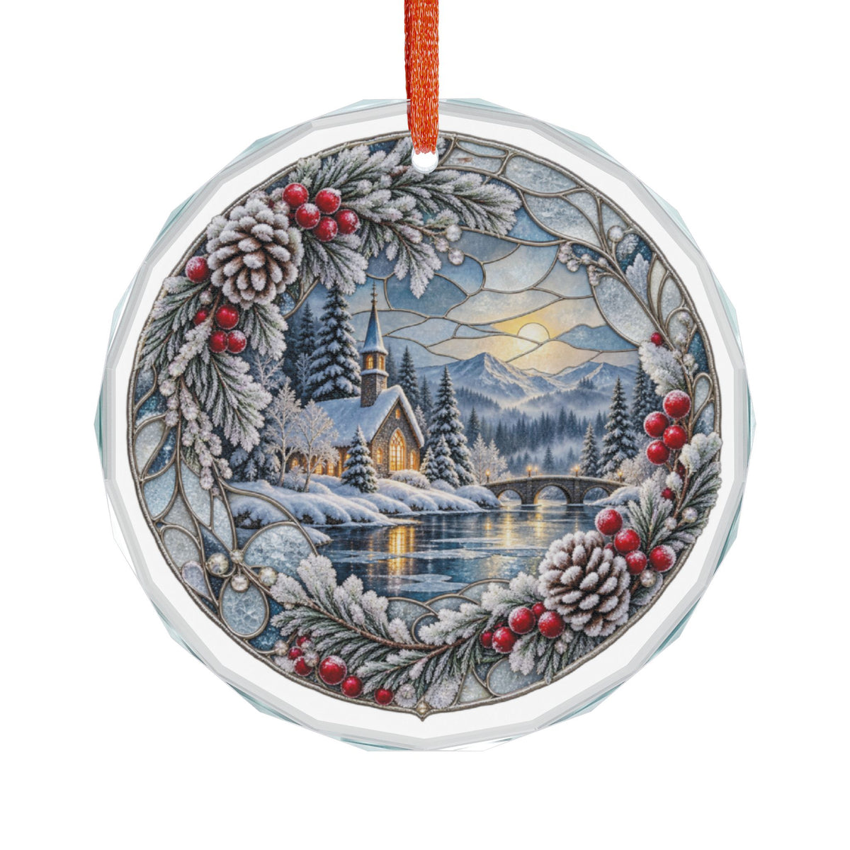 Peace on Earth Winter Chapel Pinecone Wreath Crystal Glass Ornament