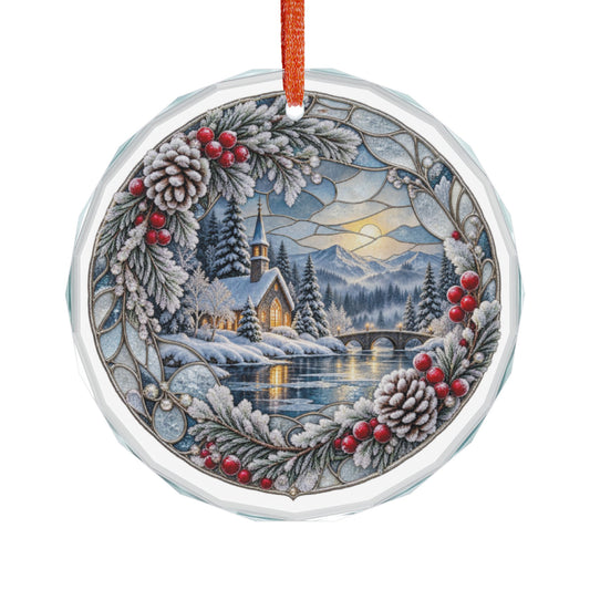 Peace on Earth Winter Chapel Pinecone Wreath Crystal Glass Ornament
