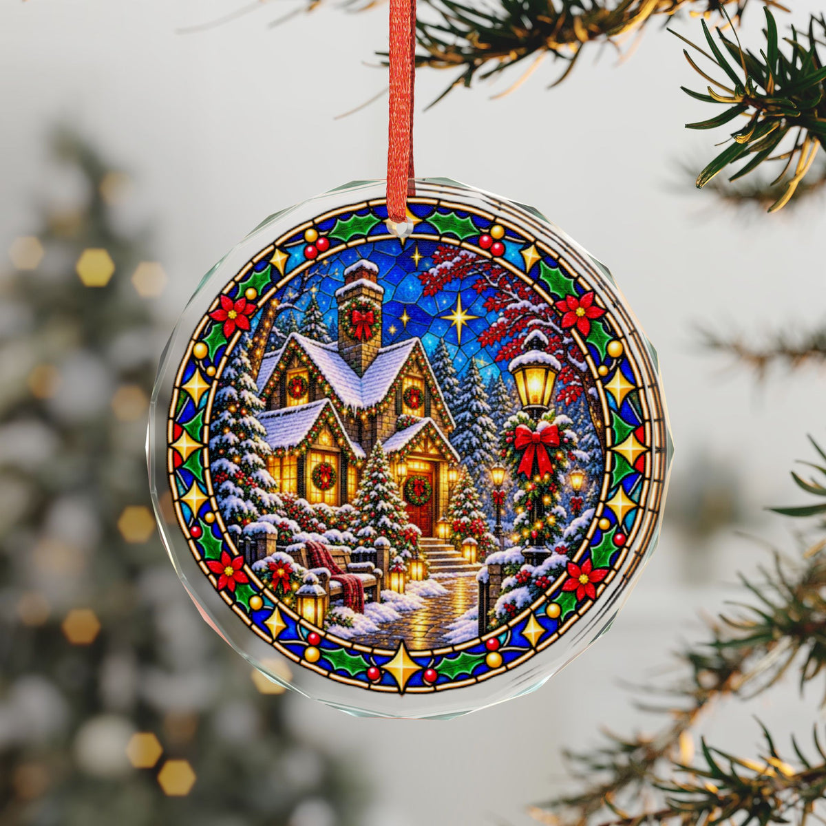Glowing Cottage Lantern Stained Glass Christmas Ornament