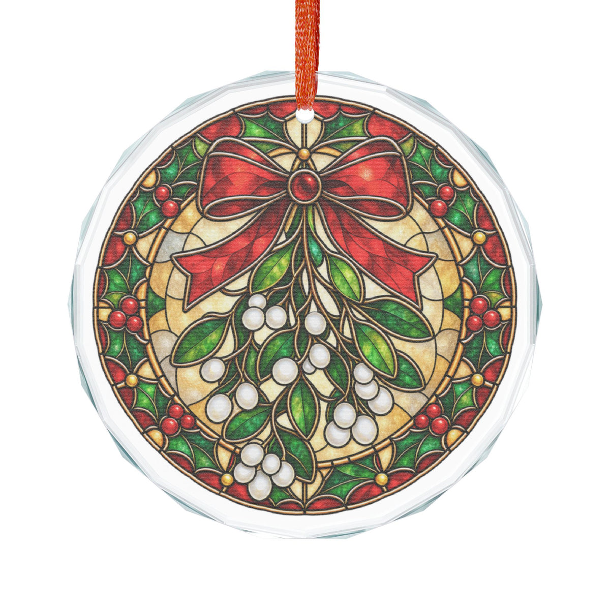 Stained Glass Mistletoe and Red Bow Crystal Glass Ornament